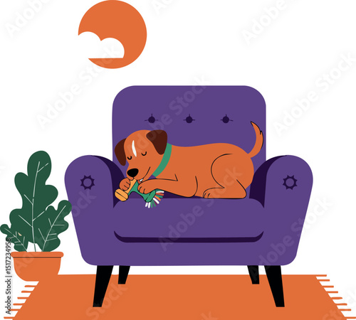 Dog resting on purple armchair with green plant and orange rug indoors vector illustration 