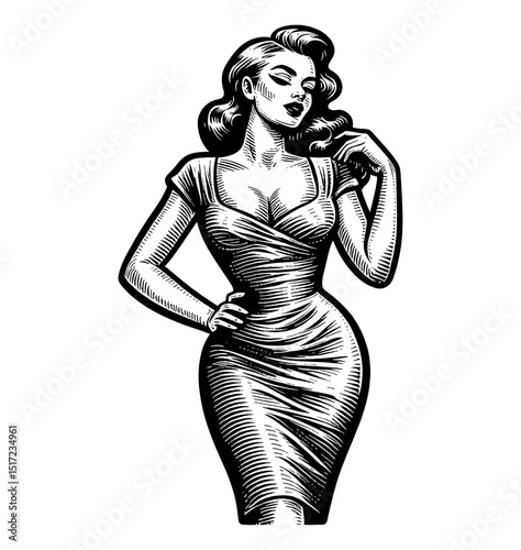 Elegant Woman in Dress Posing with Confidence, Attractive Female with Curvy Body Figure Line Art