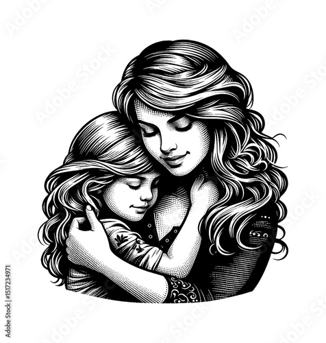 Engraved Illustration of a Mother Embracing Her Daughter with Love and Affection