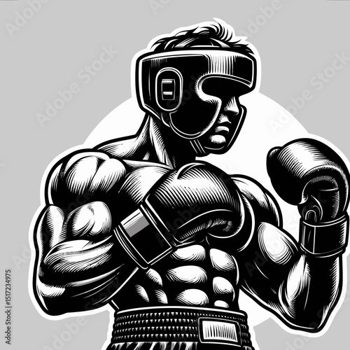 Boxer Illustration in Fighting Pose with Headgear
