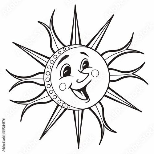 Smiling Cartoon Sun with Rays and Decorative Border Black and White
