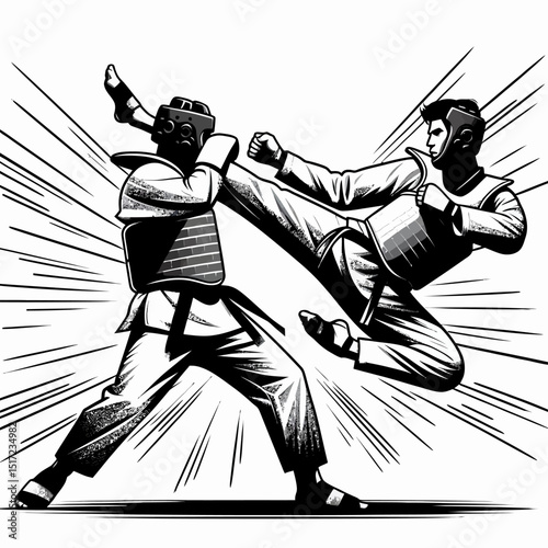 Taekwondo Martial Arts Fighters in Action Kick – Black and White Vector Illustration
