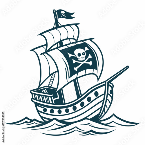 Stylized Pirate Ship Sailing on the Ocean with Skull and Crossbones Flag