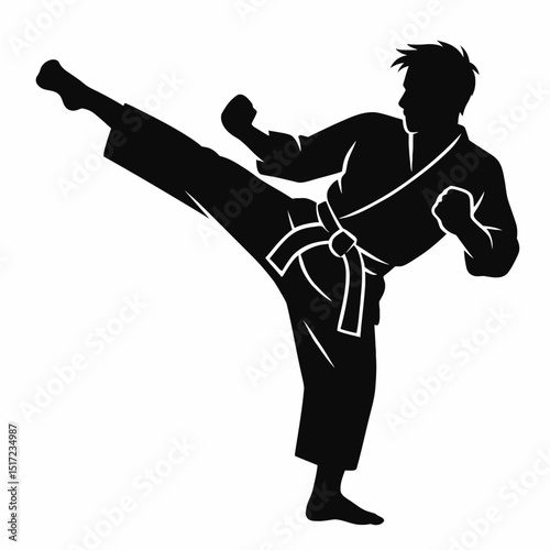 Karate Silhouette of Martial Artist Performing High Kick - Vector Illustration