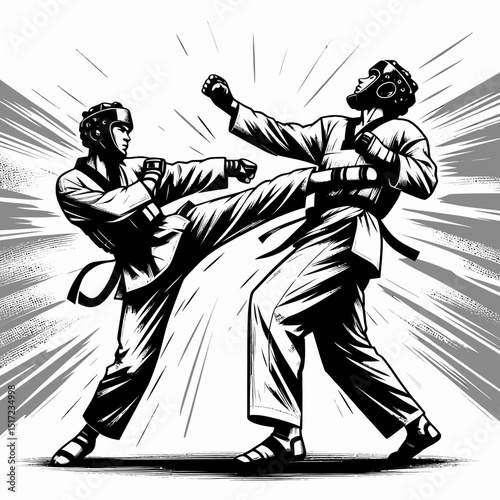 Taekwondo Martial Arts Fighters in Action Kick – Black and White Vector Illustration