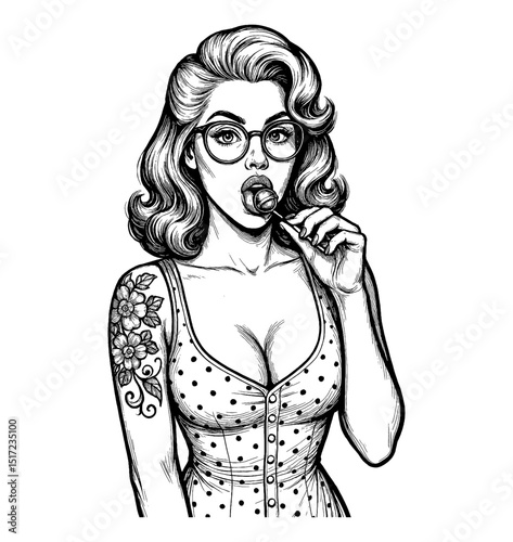 Pinup Woman with Tattoo Wearing Glasses Licking Lollipop in Polka Dot Dress Illustration