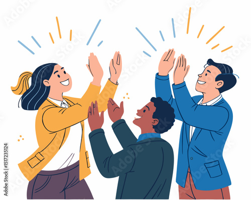 Create a bold, vector illustration of diverse coworkers clapping enthusiastically, showcasing joyful collaboration.  Include strong outlines and vibrant colors.