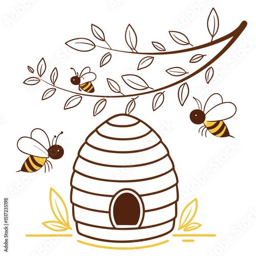 Bees Flying Around a Beehive Hanging from a Branch Illustration