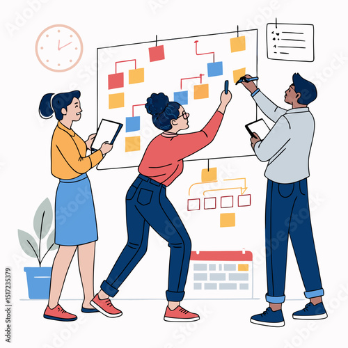 Create a bold vector illustration of diverse coworkers collaborating in a modern office, showcasing teamwork and productivity.