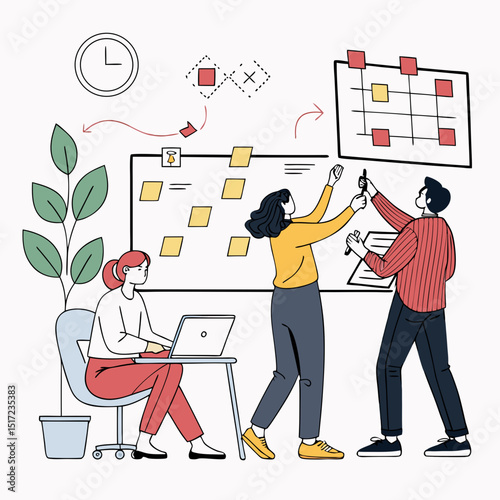 Create a bold vector illustration of diverse coworkers collaboratively working in a modern office.