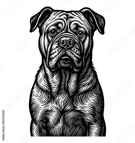 Engraved Illustration of a Bullmastiff Dog with Detailed Lines and Shading in Black and White