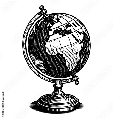 Detailed Engraved Globe Illustration on White Background Classic Educational Tool Design