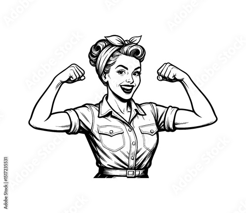 Smiling Caucasian Woman Flexing Biceps Wearing Headband Shirt and Belt in Black and White Outline Art
