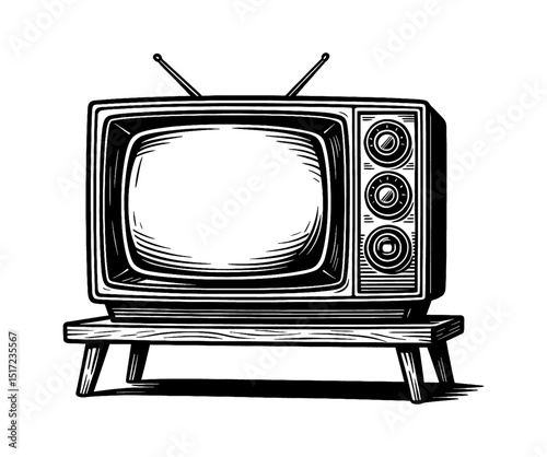 Vintage Television Set on Wooden Stand with Antennae Black and White Line Art