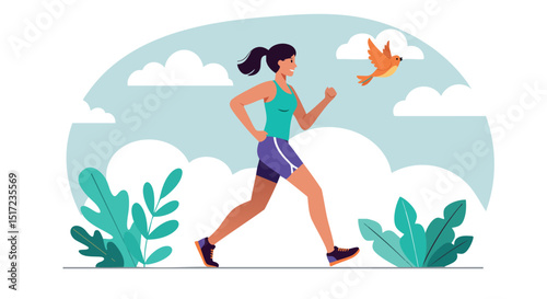 Woman jogging outdoors with bird and greenery in a healthy lifestyle scene 