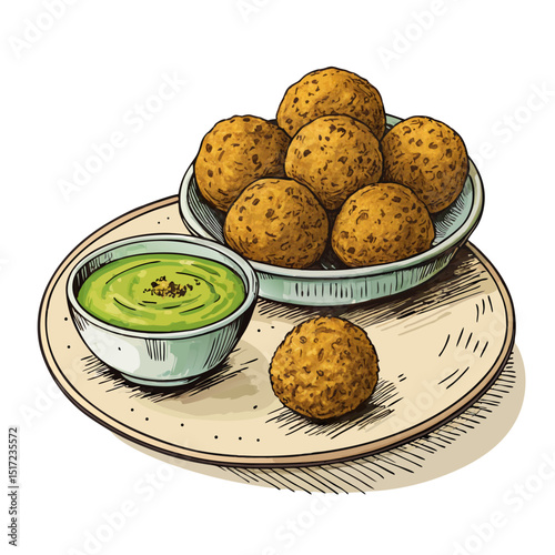 Create a bold vector illustration of several falafel balls with a distinctly Middle Eastern style, emphasizing thick outlines.