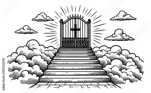 Stairway to Heaven Illustration with Clouds and Gate with Cross Sign