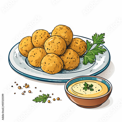 Create a vector illustration of bold, stylized falafel balls with distinctive detailing, emphasizing texture and vibrant colors.
