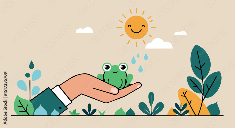 Obraz premium Hand Holding Cute Frog Under Smiling Sun with Raindrops and Plants Vector Illustration 