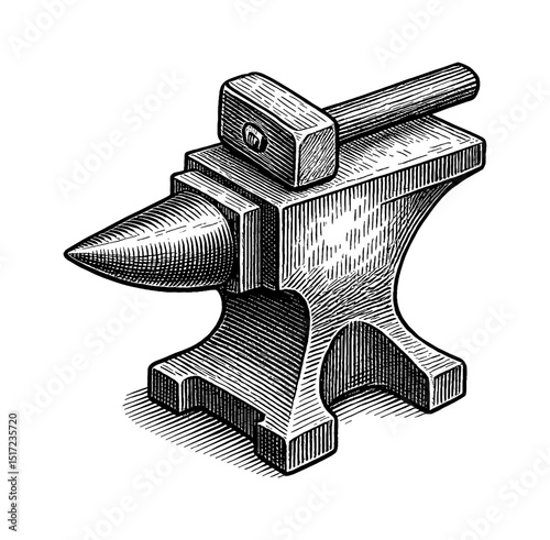 Engraved Illustration of Anvil with Hammer, Black and White Detailed Woodcut Style Image
