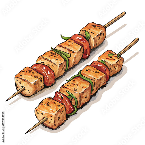 Create a bold, vector illustration of a grilled chicken kebab, emphasizing the char marks and juicy texture.  Include skewers.