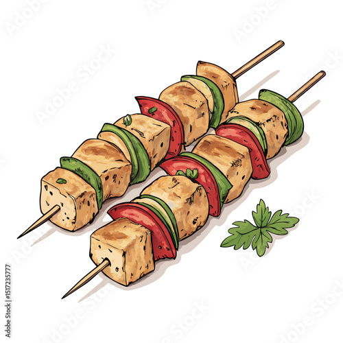 Create a bold, vector illustration of a delicious grilled chicken kebab, showcasing juicy meat and char marks.  Focus on a thick, impactful line style.