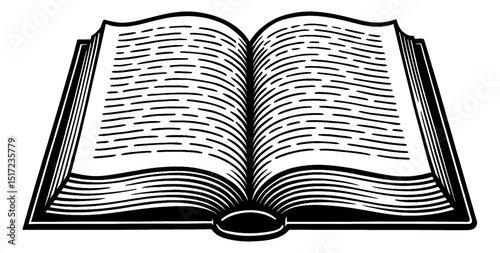 Open Book with Blank Pages in Black and White Detailed Line Art Illustration