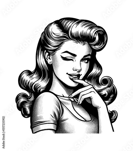 Attractive Caucasian Woman Winking With Finger On Lips in Black and White Engraving Art Style