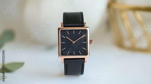 Elegant black square faced watch with rose gold accents and black leather strap