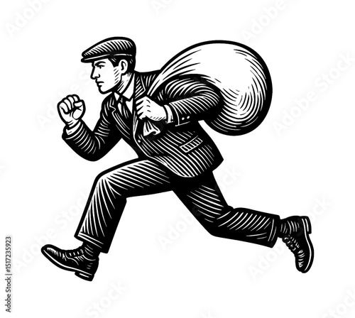 Illustration of a Man Running with Sack Over Shoulder in Suit and Cap