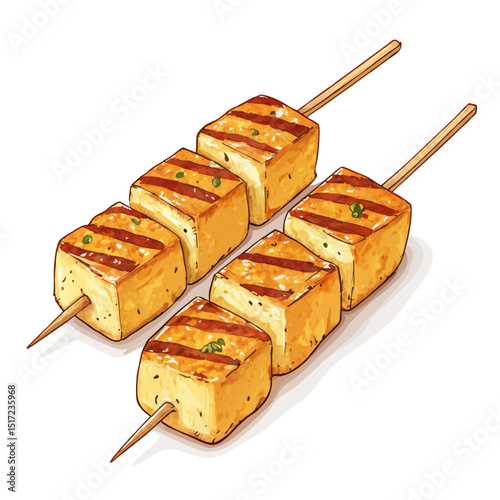Create a bold vector illustration of grilled halloumi cheese, showcasing its texture and golden-brown grill marks.  Emphasis on thick, impactful lines.