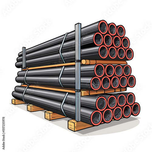 Create a bold vector illustration of a stack of insulated pipes, emphasizing the thick, contrasting stroke.  Show detailed texture and individual pipe segments.