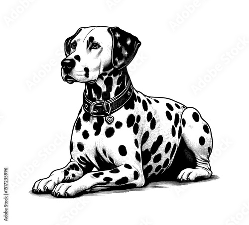 Elegant Dalmatian Dog Lying Down Calmly in Black and White Detailed Illustration Art Style