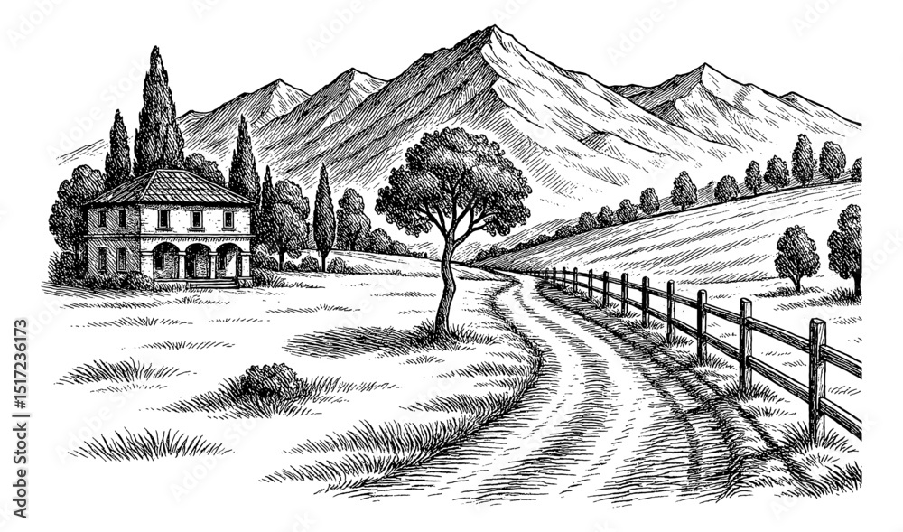 Fototapeta premium Landscape view of a house, mountain, tree, and road in detailed black and white engrave style art