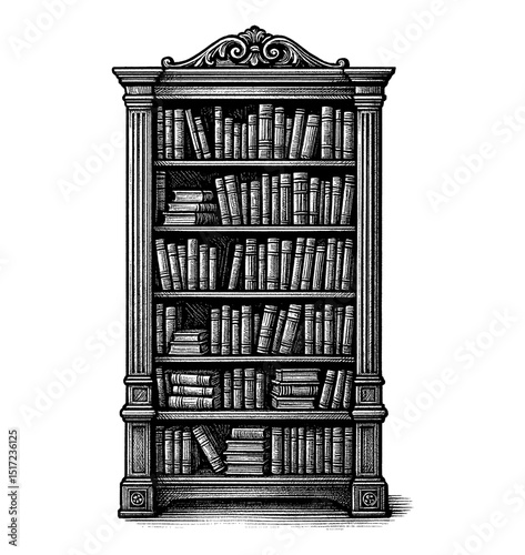 Engraved illustration of a bookcase filled with books on white background