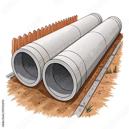 Create a vector illustration of large concrete pipes with a bold, black stroke.  Emphasize the texture and weight of the concrete.