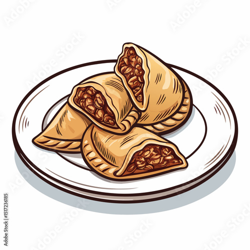Create a bold vector illustration of a meat sambousek pastry, emphasizing its texture and crispy edges.  Show detailed filling.