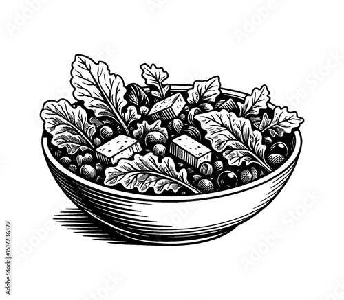 Illustration of a bowl of salad with tofu and green leaves in black and white