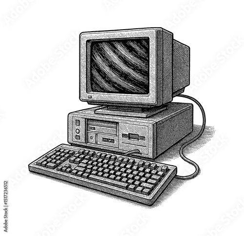 Vintage Computer Setup with Monitor, Keyboard, and Tower in Detailed Black and White Engraving