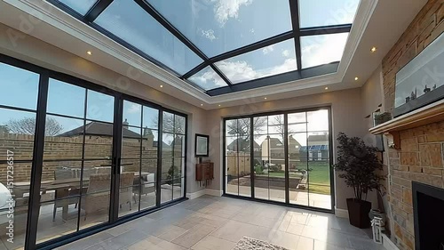 Modern open-plan conservatory with glass roof and French doors.  Spacious and bright