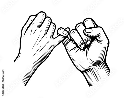 Pinky swear hand gesture vector illustration in detailed engraved black and white line art