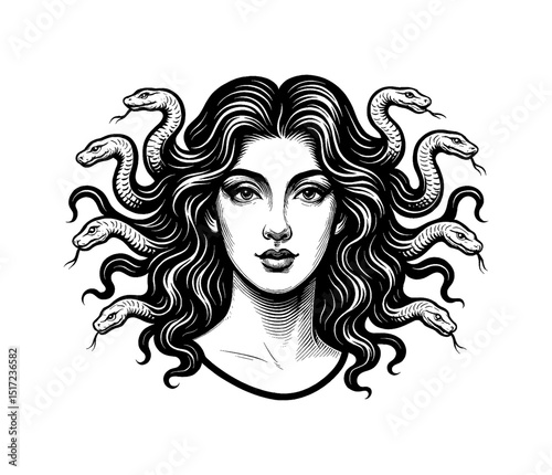 Medusa with Snakes Hair in Detailed Engraved Black and White Graphic Resources