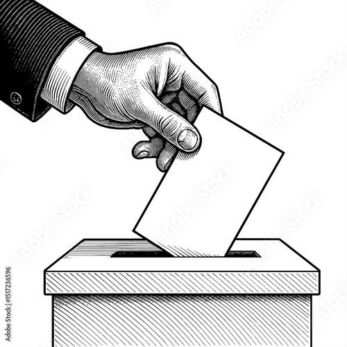 Hand putting vote in ballot box illustration, engraving style design in black and white