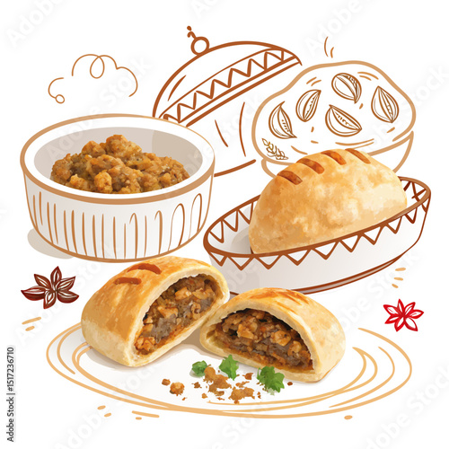 Create a bold vector illustration of several mini Arabic meat pies, emphasizing thick outlines and vibrant colors.  Focus on detail and texture.