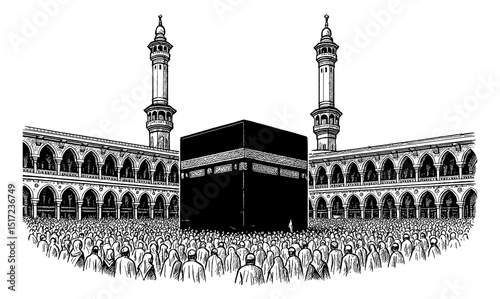 Illustration of Kaaba in Mecca with Crowds of Pilgrims in Detailed Black and White Drawing