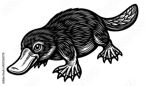 Engraved Style Vector Illustration of a Platypus Swimming, Black and White