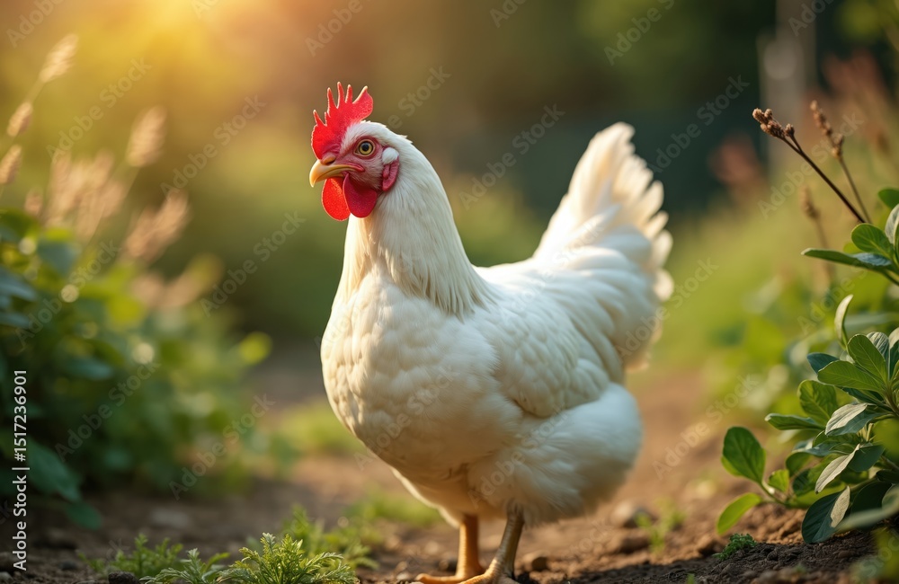 Fototapeta premium White Rhode Island hen in garden. Rural natural animal lifestyle, organic farming, poultry, farm. Chicken with red comb beak. Backyard agriculture, domestic bird on background. Sunny morning