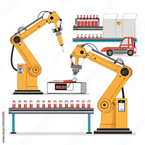 Create a bold vector illustration of robotic arms intricately intertwined within a cigarette, emphasizing strong lines and industrial design.