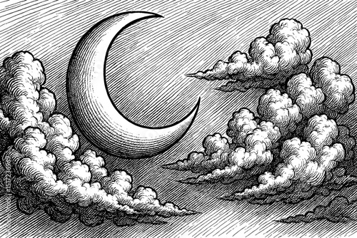 Engraved Illustration of Crescent Moon with Clouds in a Cloudy Sky at Night