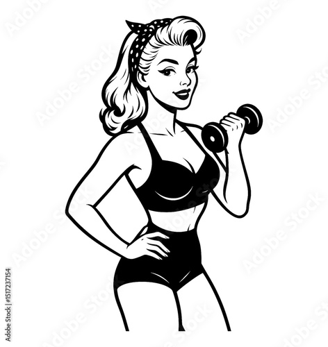 Pinup Woman Lifting Dumbbell in Black and White Retro Style Illustration, Exercising with Smile